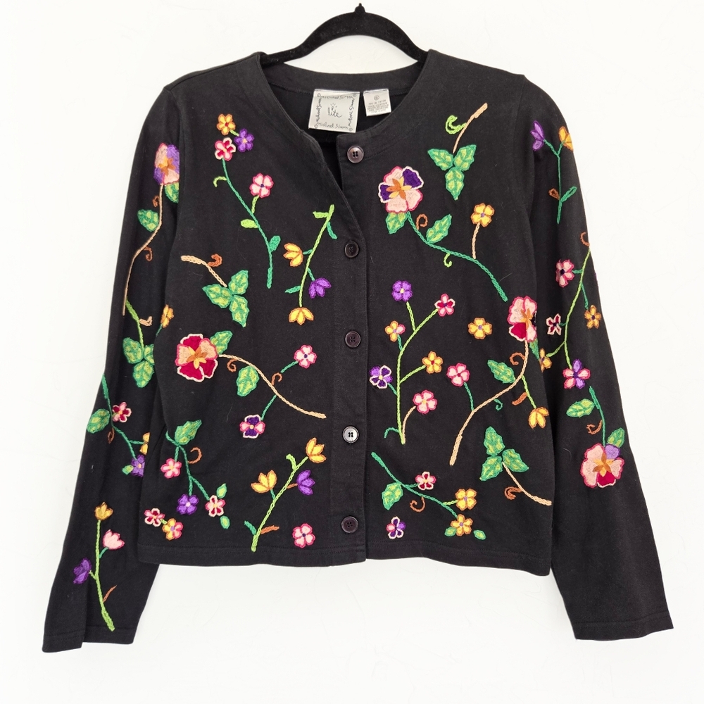 Vintage Michael Simon Floral Embroidered Black Sweater
